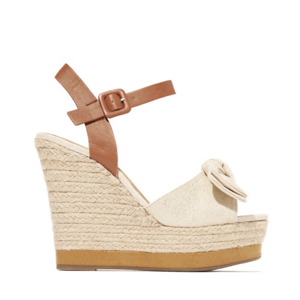 Natural Peep Toe Bow Tie Espadrille Wedge Sandals - Picture 3 of 5